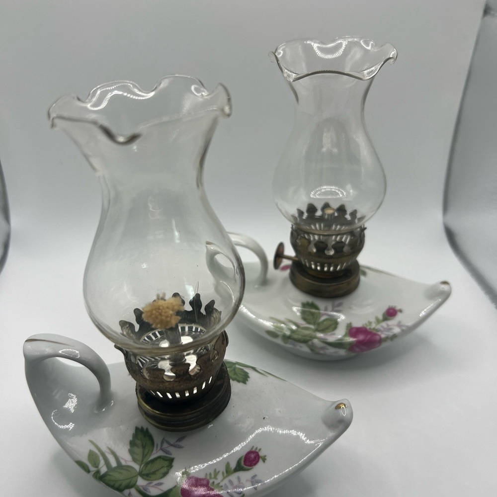 VintagePair 6" Mini Magic Aladdin Genie Finger Oil Lamp Rose Design White Glass